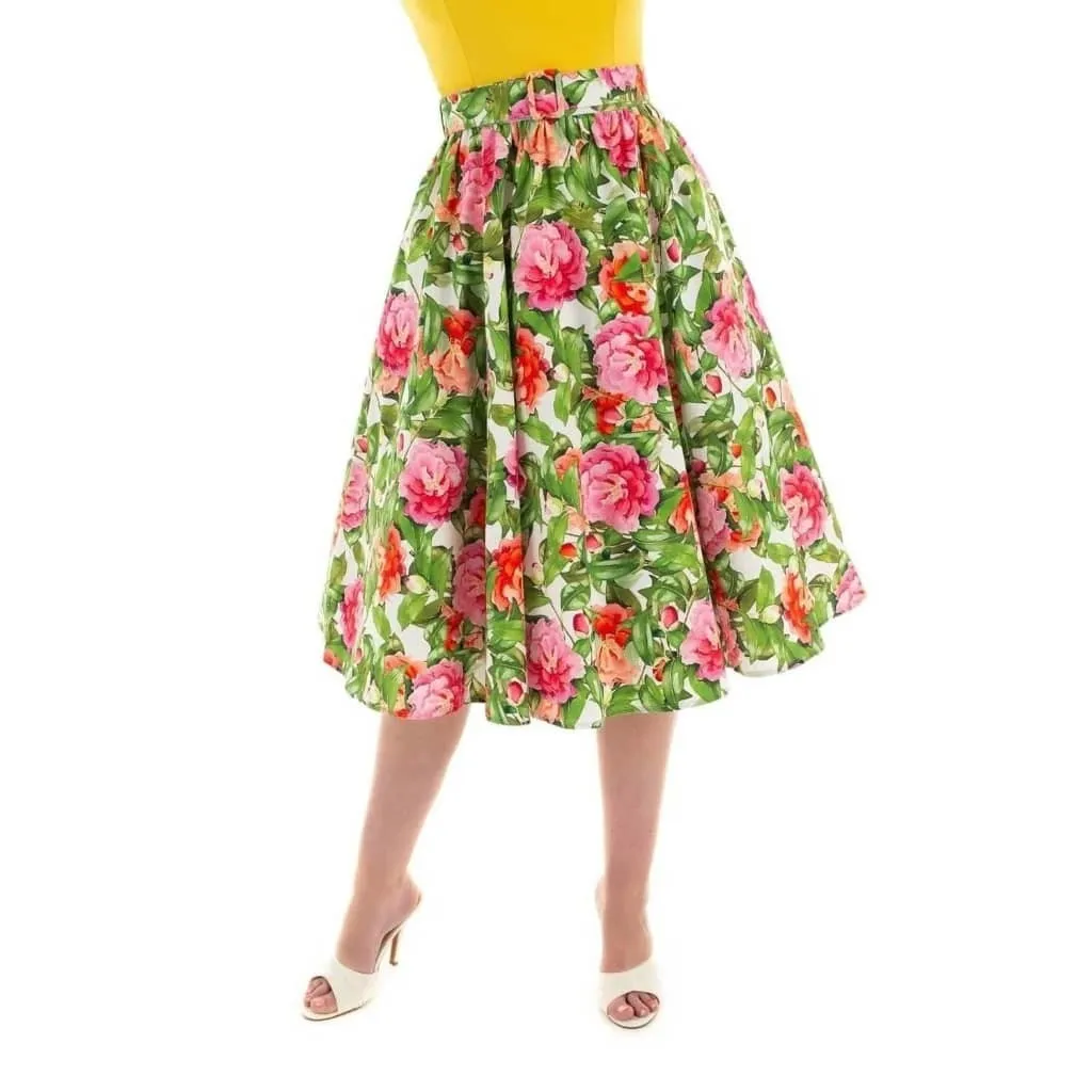 Pink And Green Floral Swing 1950s Rockabilly Skirt