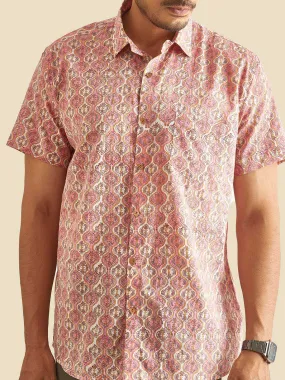 Pink and White Ethnic Block Printed Holiday Halfsleeves Cotton Shirt