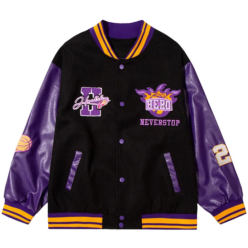 PopFlying Color Block Letterman Jacket Hero Badge