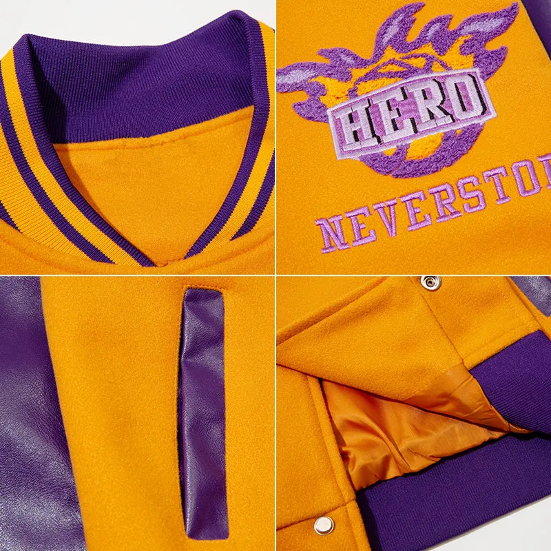 PopFlying Color Block Letterman Jacket Hero Badge