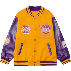 PopFlying Color Block Letterman Jacket Hero Badge