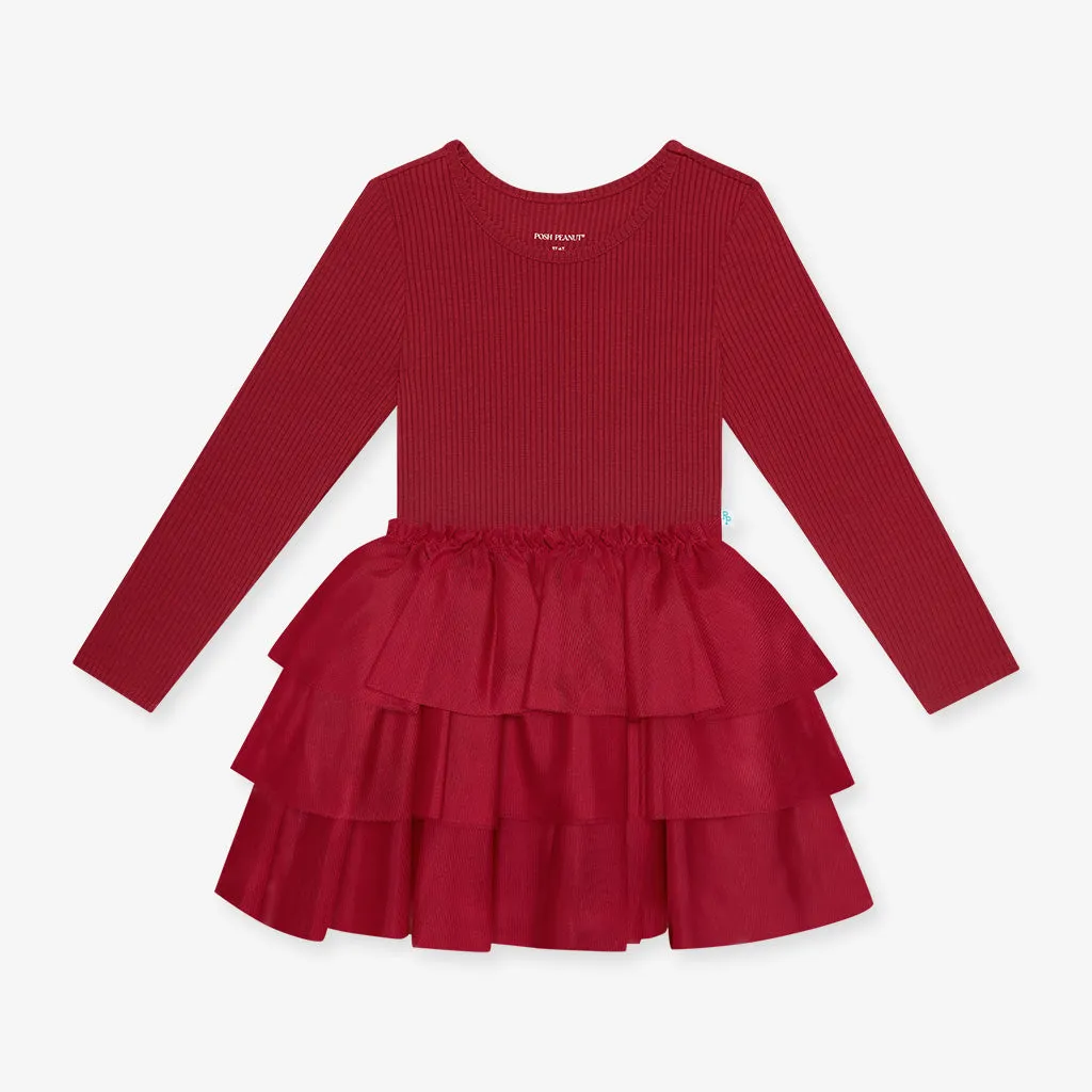 Posh Peanut | Long Sleeve Tulle Dress ~ Dark Red Ribbed