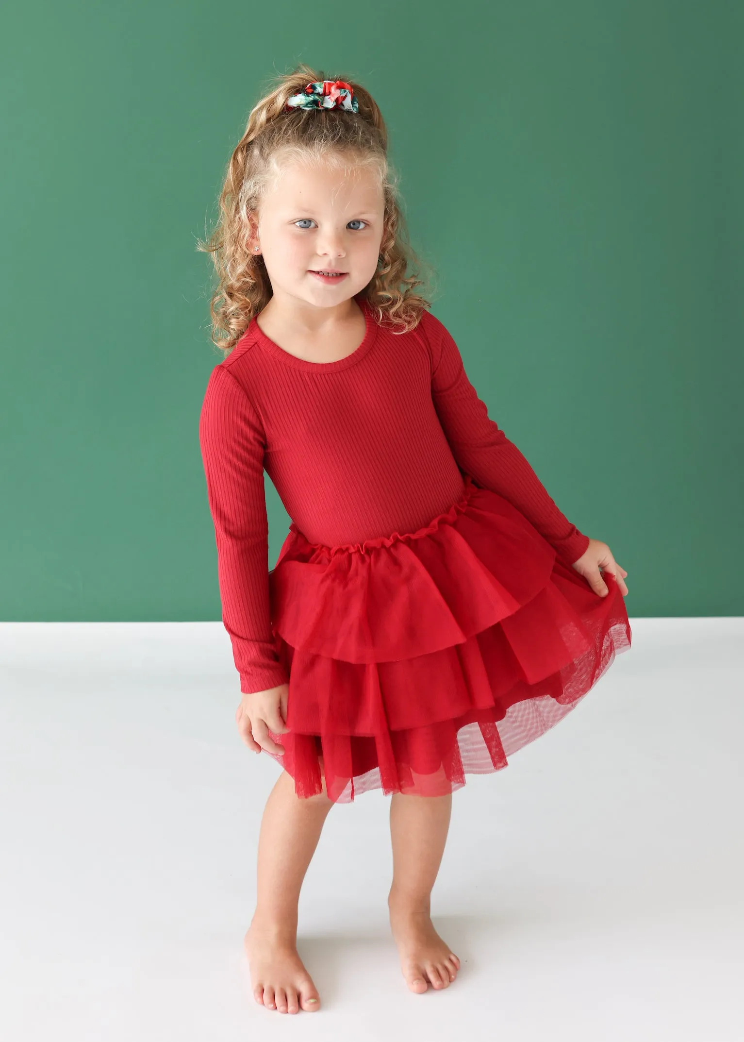 Posh Peanut | Long Sleeve Tulle Dress ~ Dark Red Ribbed