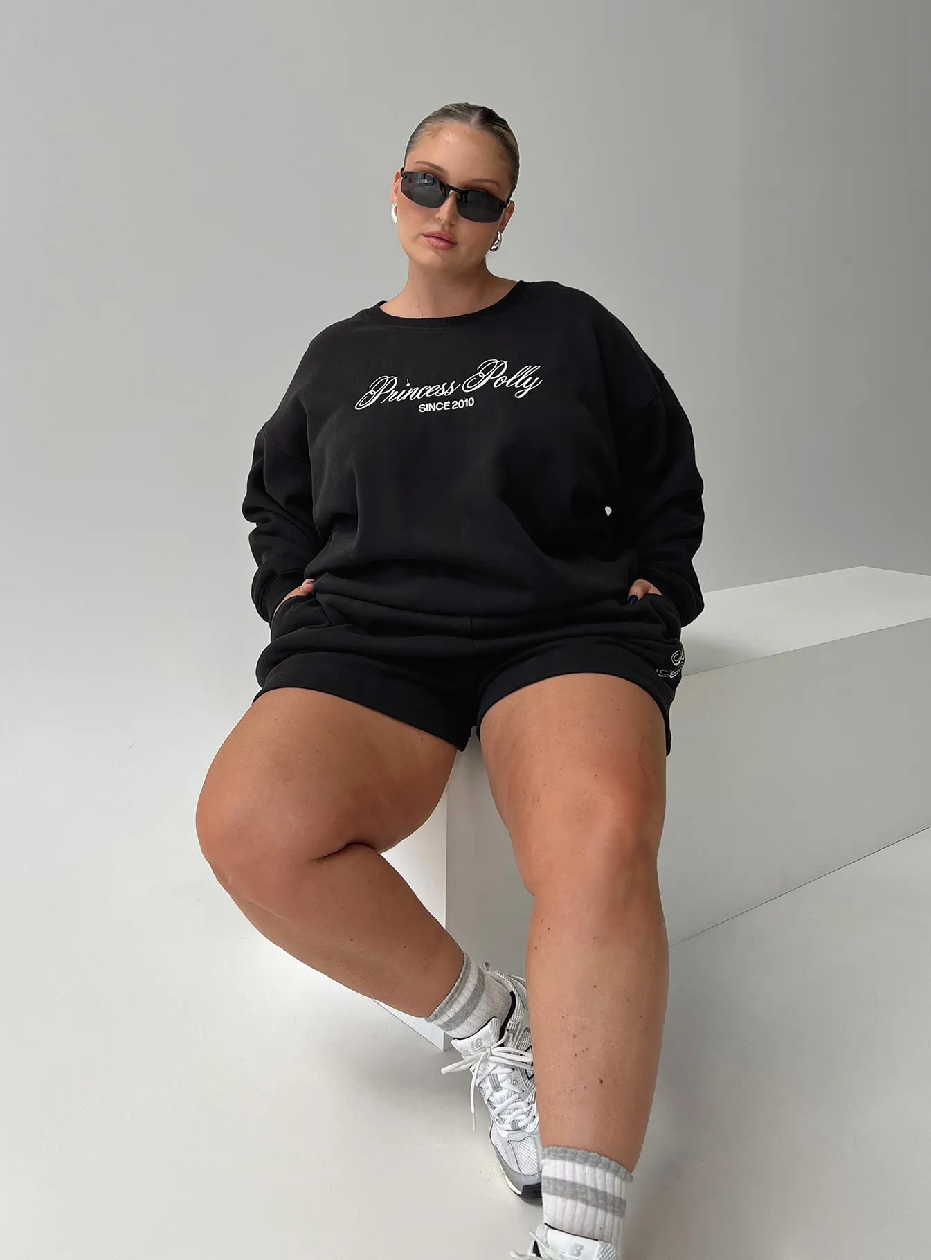 Princess Polly Crew Neck Sweatshirt Cursive Text Black Sand Curve