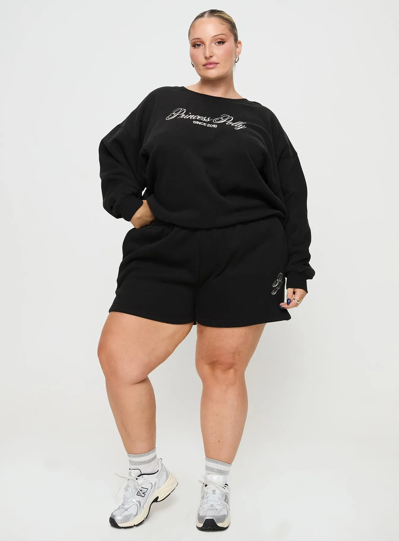 Princess Polly Crew Neck Sweatshirt Cursive Text Black Sand Curve