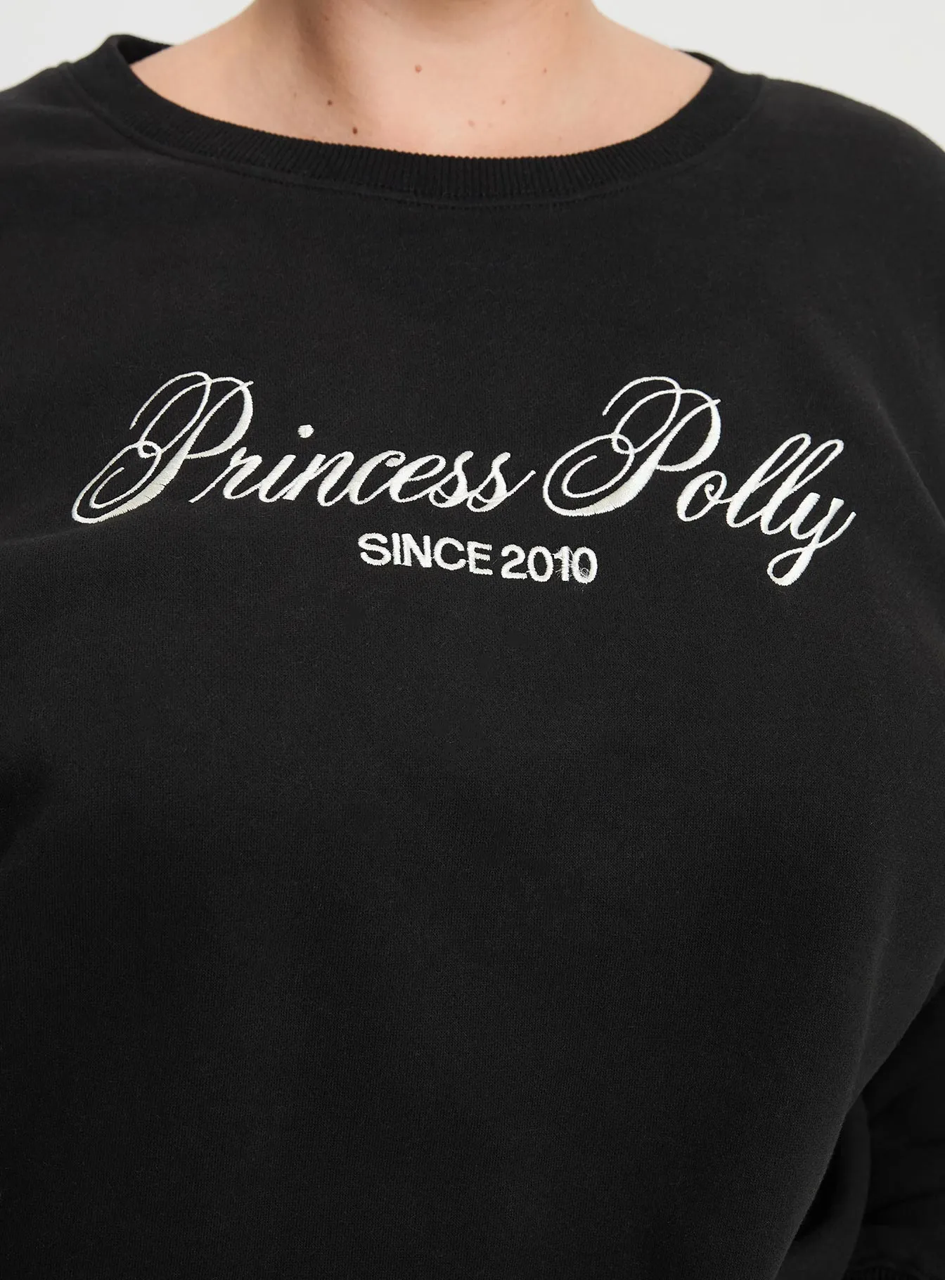 Princess Polly Crew Neck Sweatshirt Cursive Text Black Sand Curve