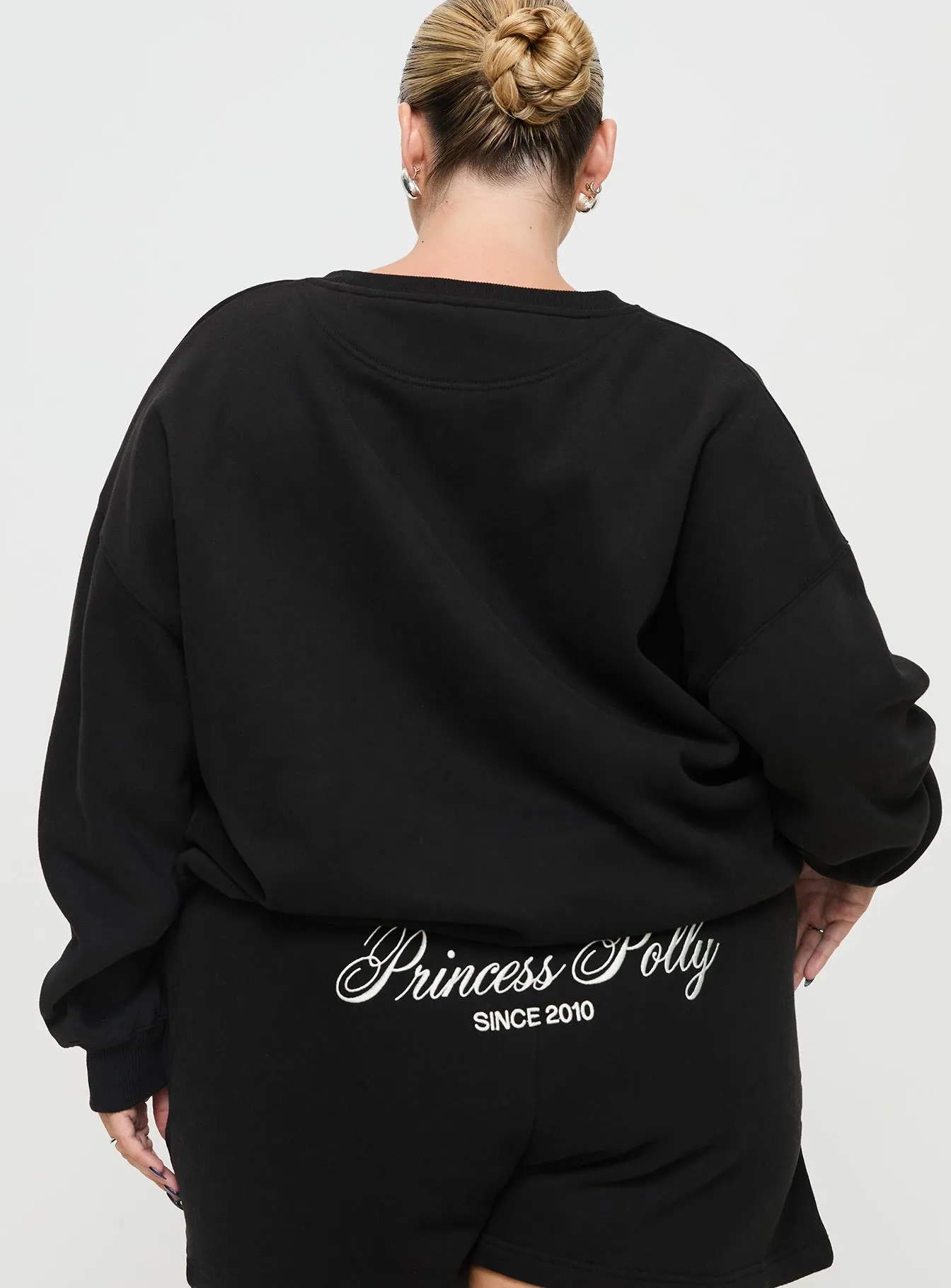 Princess Polly Crew Neck Sweatshirt Cursive Text Black Sand Curve