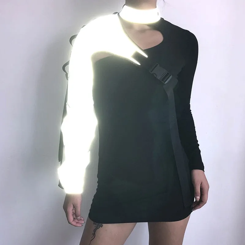 Purpdrank - Outfits Streetwear Neon Halter Sweatshirt Hoodie Buckle Reflective Smock One Shoulder Women's Sweatshirts Holographic Outwear