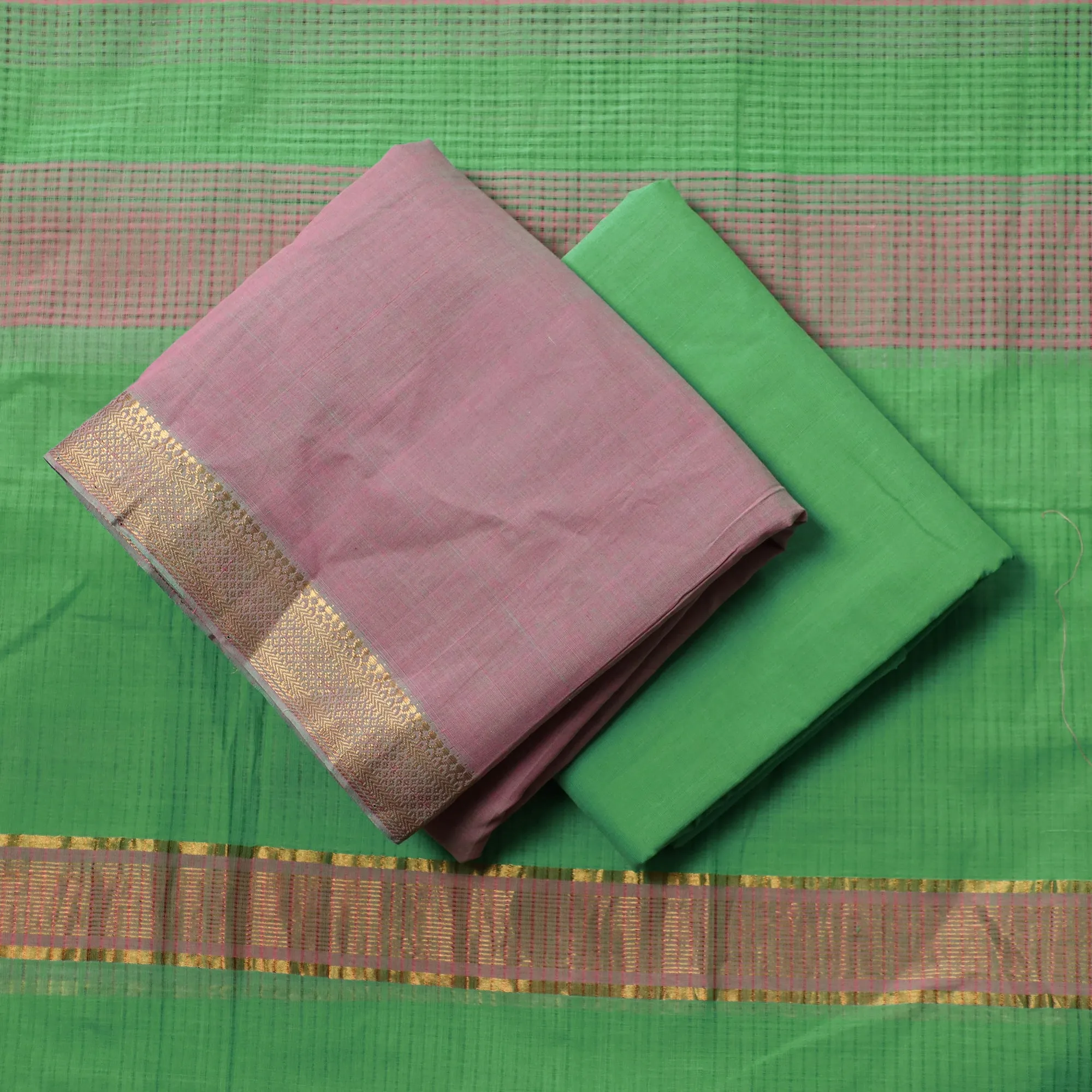 Purple - 3pc Mangalagiri Handloom Cotton Suit Material Set with Zari Border