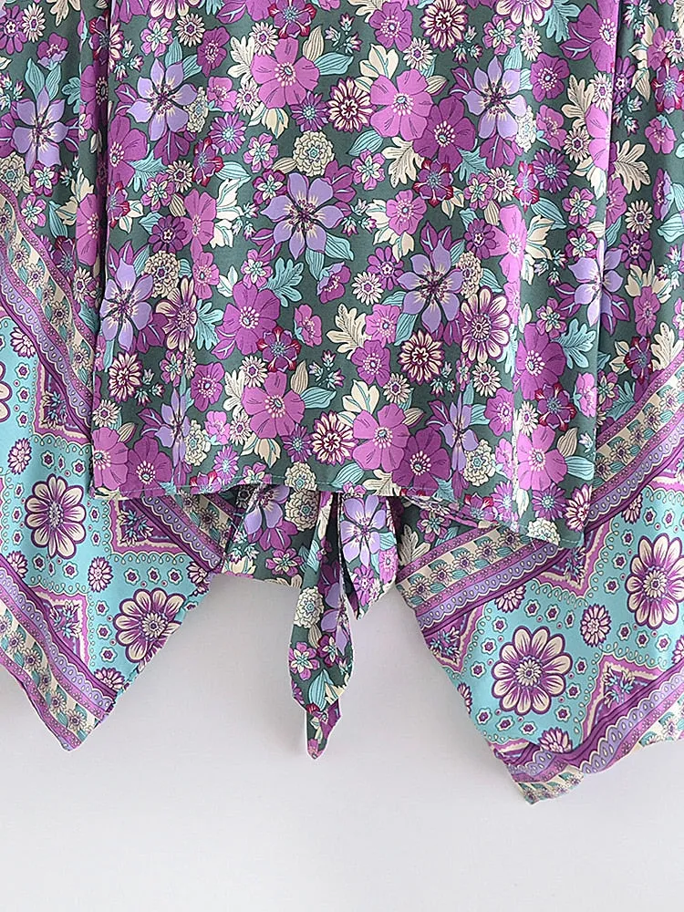 Purple Floral Boho Short Kimono Wrap Top