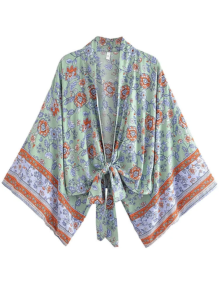 Purple Floral Boho Short Kimono Wrap Top