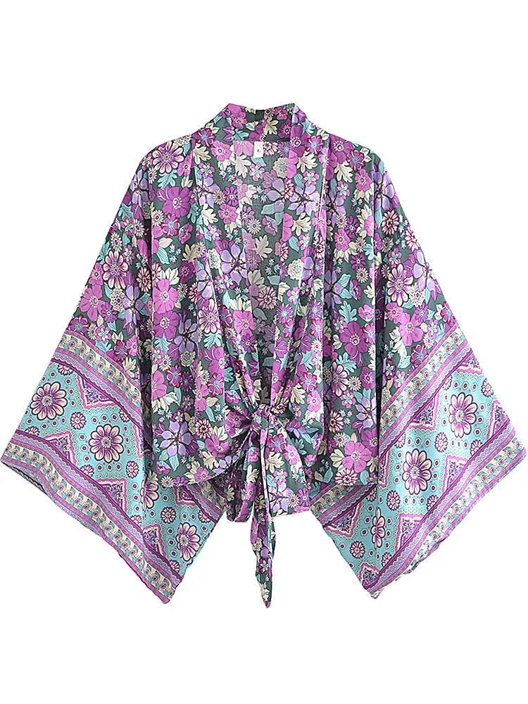 Purple Floral Boho Short Kimono Wrap Top