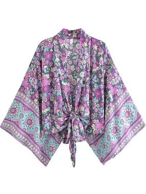 Purple Floral Boho Short Kimono Wrap Top