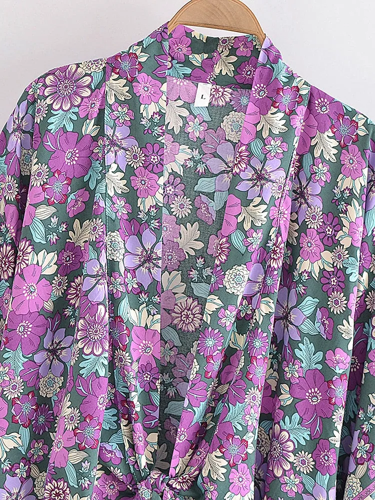 Purple Floral Boho Short Kimono Wrap Top