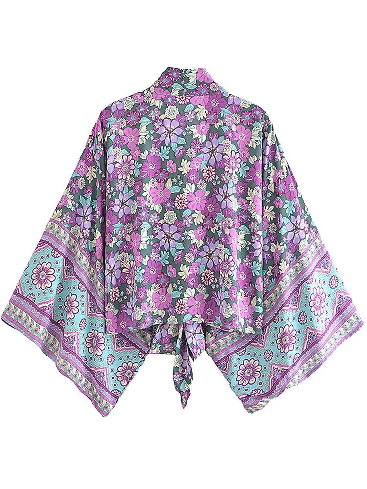 Purple Floral Boho Short Kimono Wrap Top