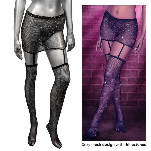 Radiance ONE PIECE GARTER SKIRT WITH THIGH HIGHS STOCKINGS Black with Sparkling Rhinestones One Size