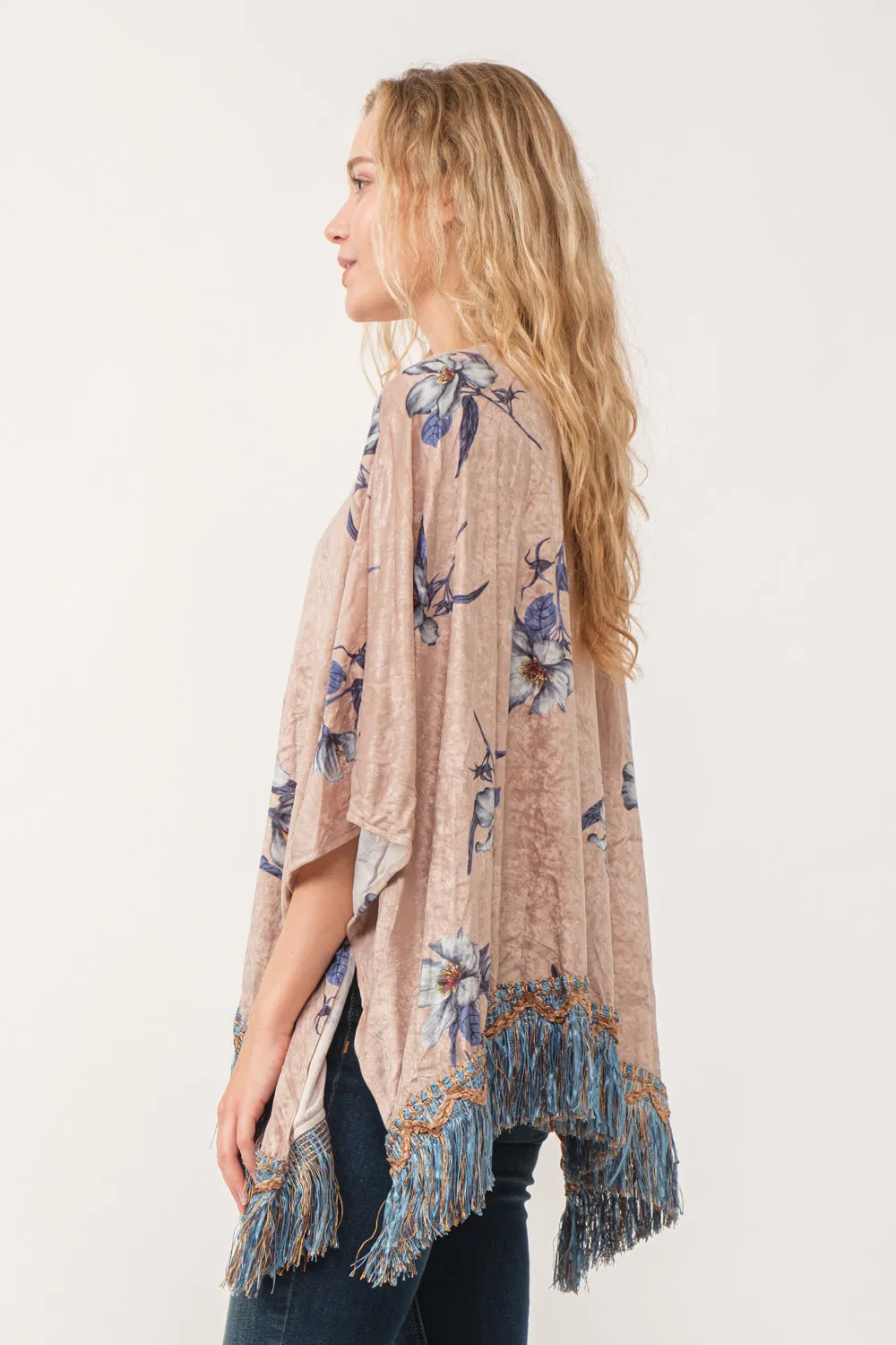 RAJ SOPHIA FAUX VELVET FLORAL FRINGE KIMONO OYSTER GRAY