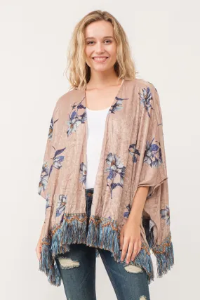 RAJ SOPHIA FAUX VELVET FLORAL FRINGE KIMONO OYSTER GRAY