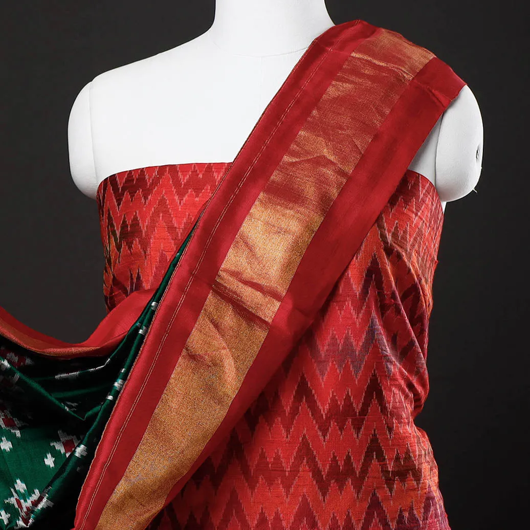 Red - 2pc Pochampally Ikat Weave Handloom Pure Raw Mulberry Silk Suit Material Set