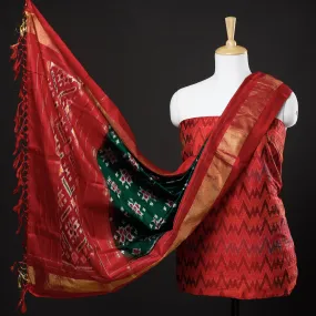 Red - 2pc Pochampally Ikat Weave Handloom Pure Raw Mulberry Silk Suit Material Set