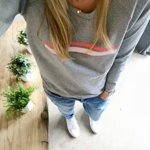 Red & pink striped light grey sweatshirt