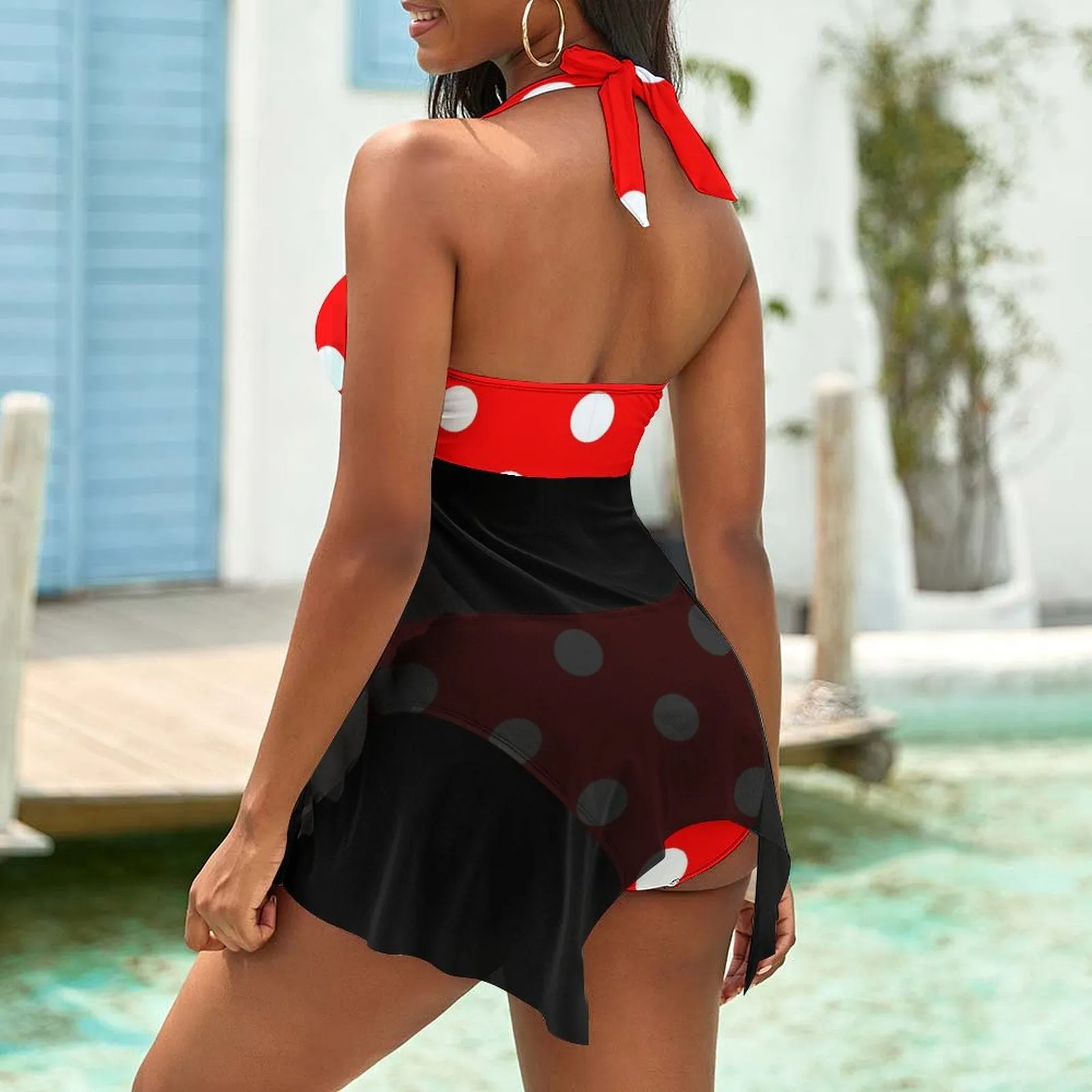 Red With White Polka Dots Women's Split Skirt Swimsuit