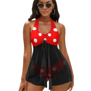 Red With White Polka Dots Women's Split Skirt Swimsuit