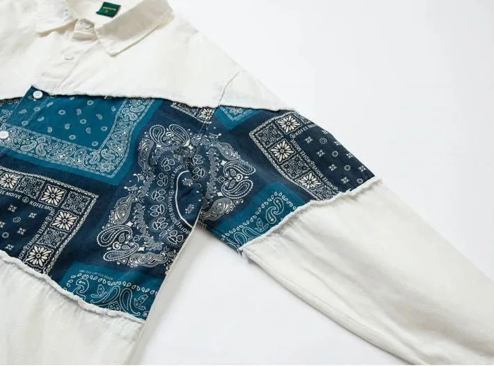 Retro Ethnic Blue Cashew Flower Stitching Men's Long-sleeved Shirt