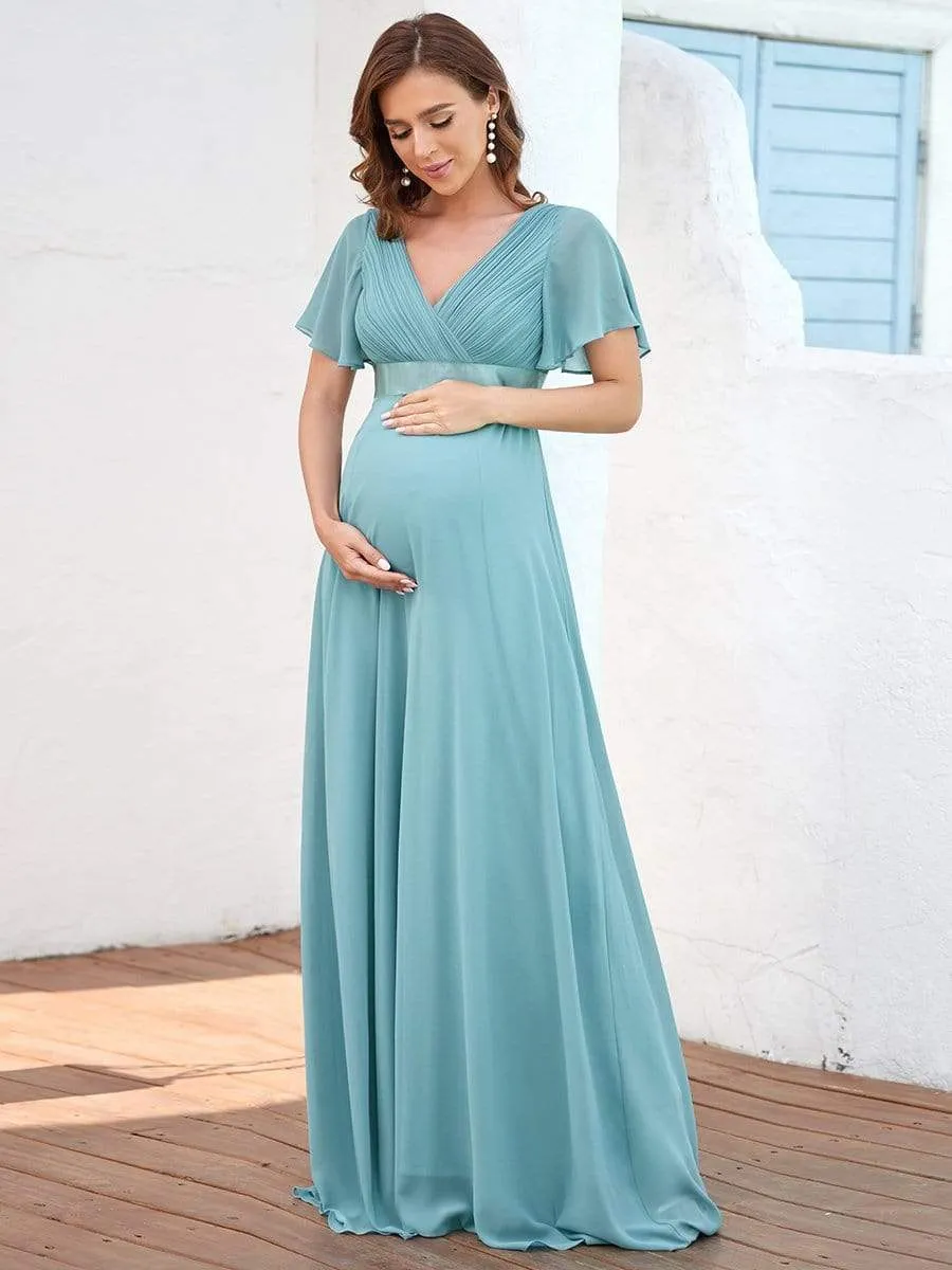 Ruched Bodice Flowy Chiffon Floor-Length Bump Friendly Dress with Sleeves