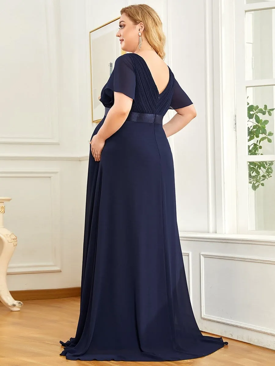 Ruched Bodice Flowy Chiffon Floor-Length Bump Friendly Dress with Sleeves