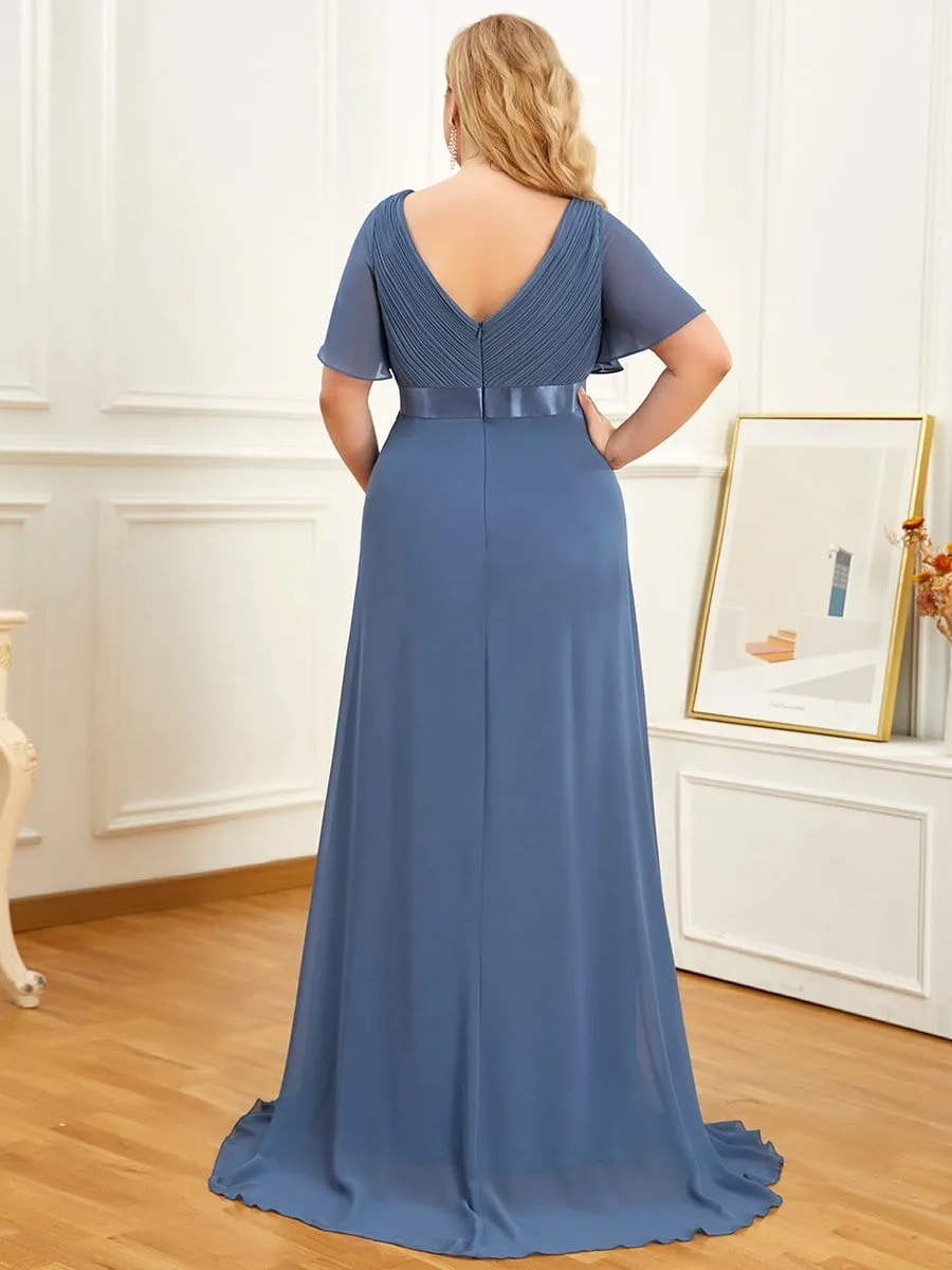 Ruched Bodice Flowy Chiffon Floor-Length Bump Friendly Dress with Sleeves