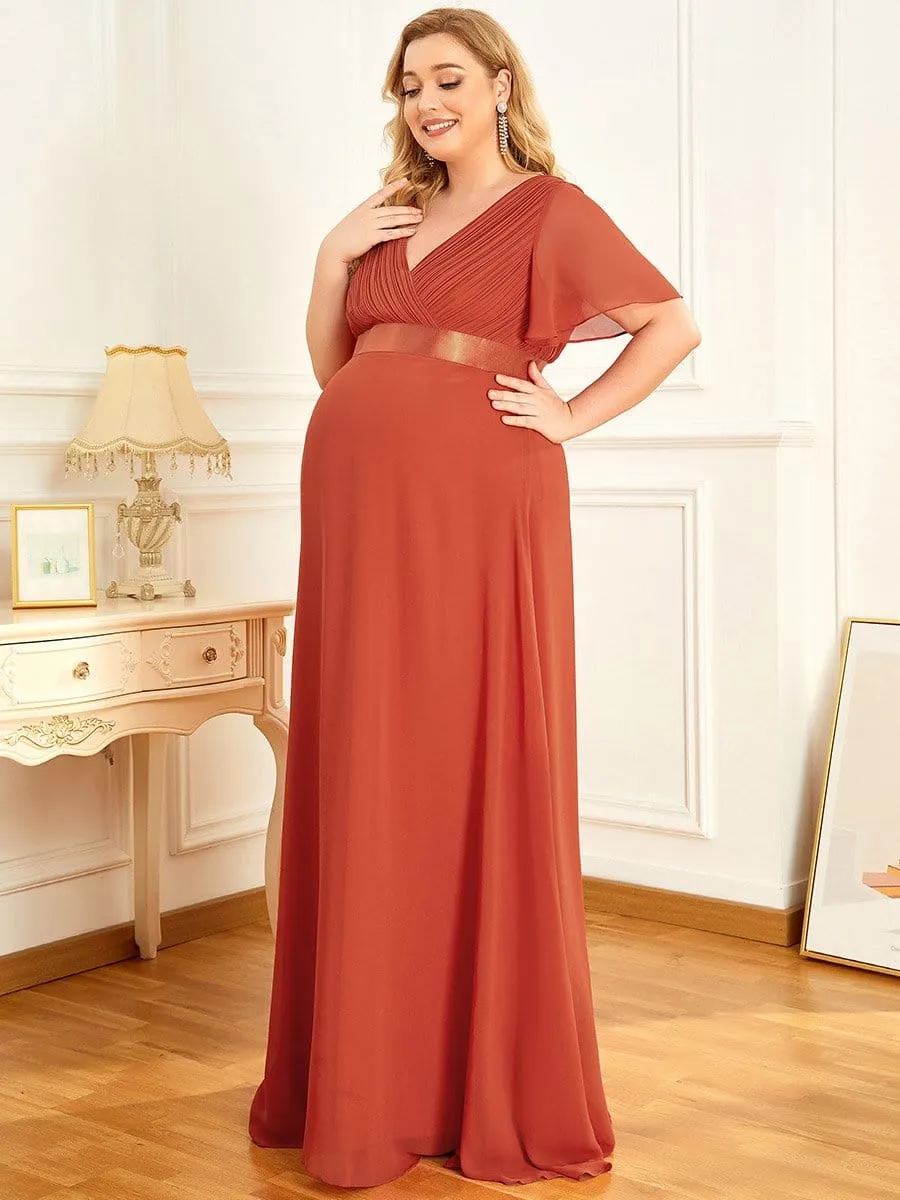 Ruched Bodice Flowy Chiffon Floor-Length Bump Friendly Dress with Sleeves