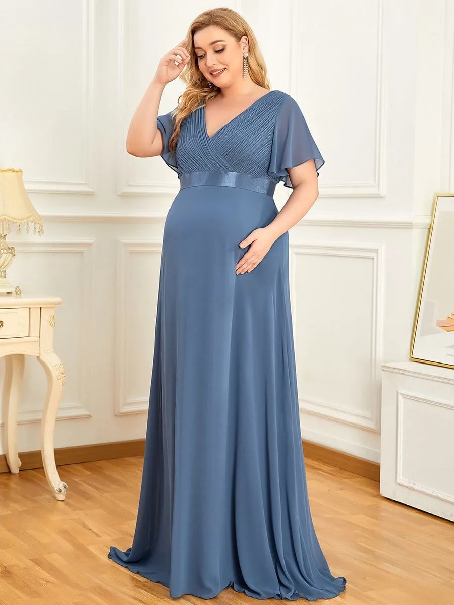 Ruched Bodice Flowy Chiffon Floor-Length Bump Friendly Dress with Sleeves