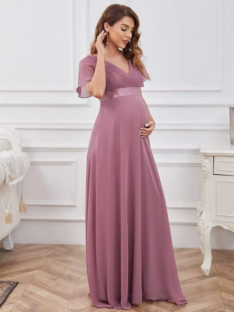 Ruched Bodice Flowy Chiffon Floor-Length Bump Friendly Dress with Sleeves