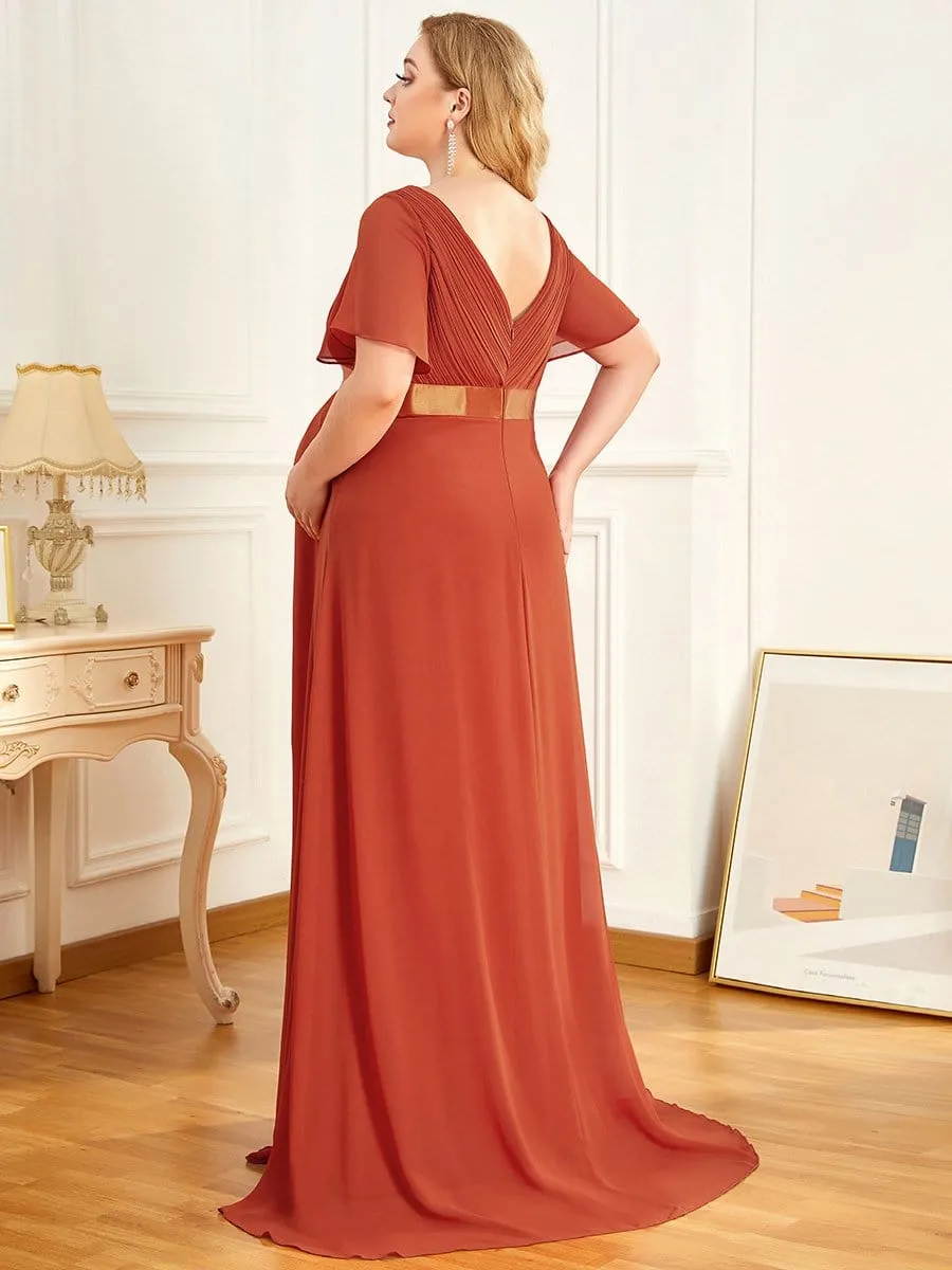 Ruched Bodice Flowy Chiffon Floor-Length Bump Friendly Dress with Sleeves