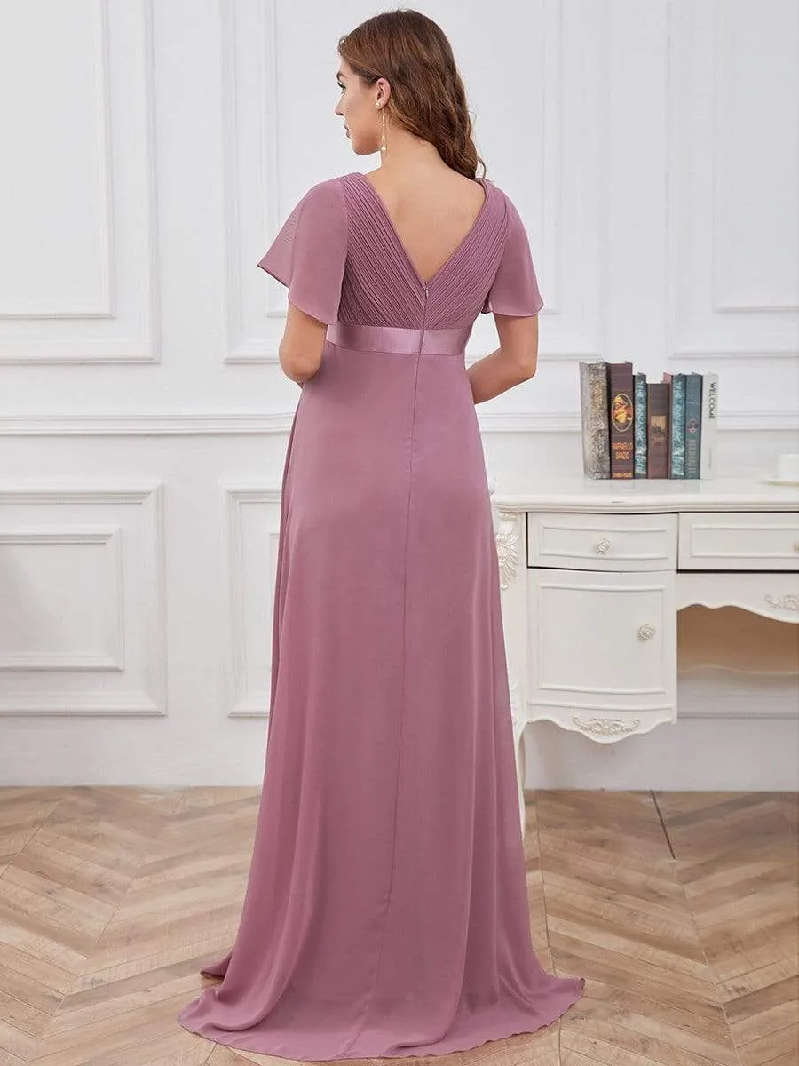 Ruched Bodice Flowy Chiffon Floor-Length Bump Friendly Dress with Sleeves