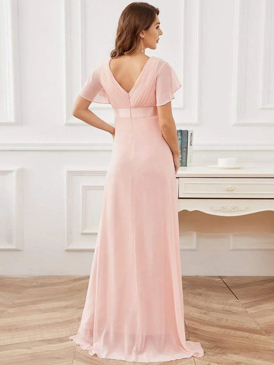 Ruched Bodice Flowy Chiffon Floor-Length Bump Friendly Dress with Sleeves