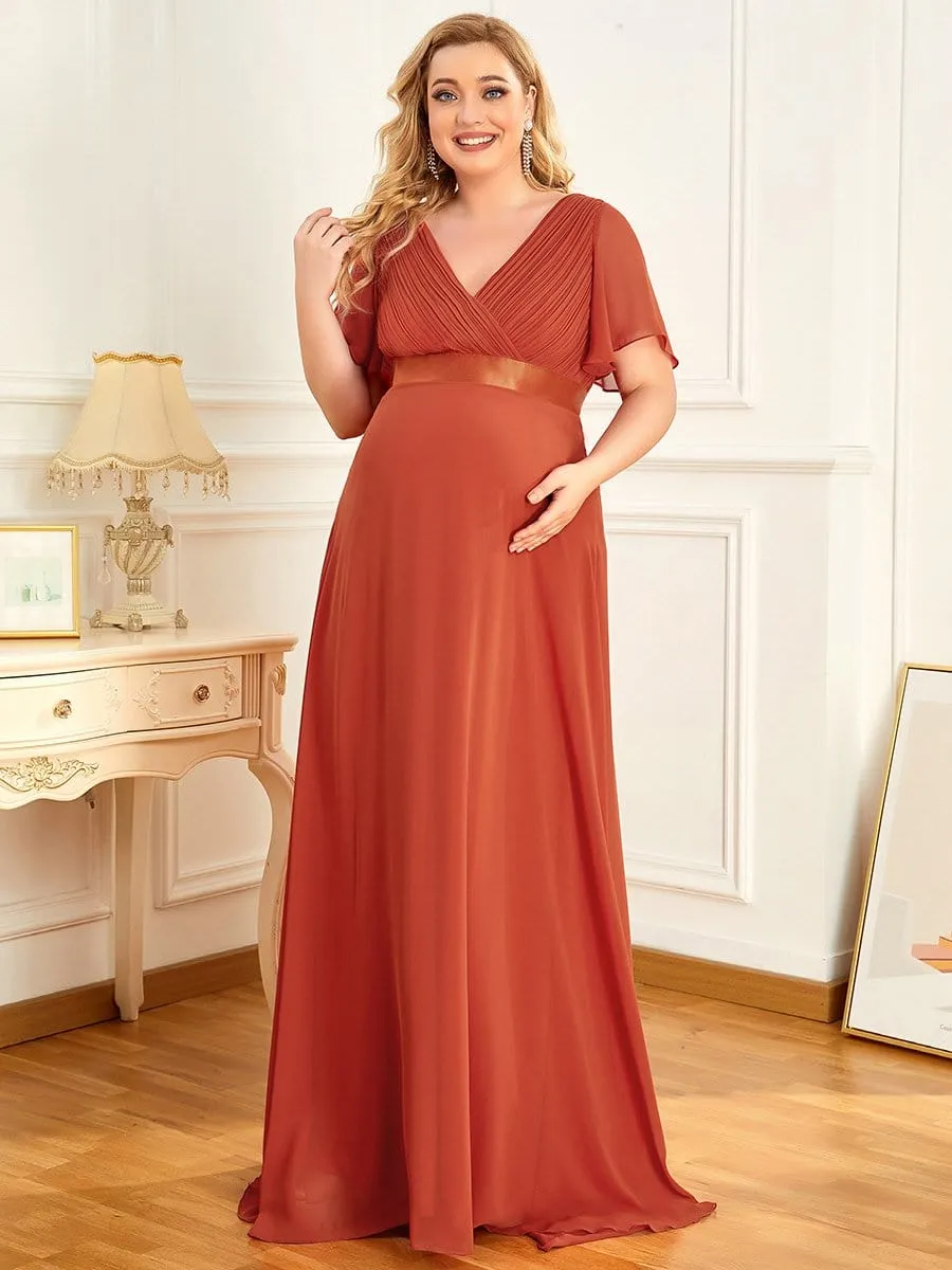 Ruched Bodice Flowy Chiffon Floor-Length Bump Friendly Dress with Sleeves