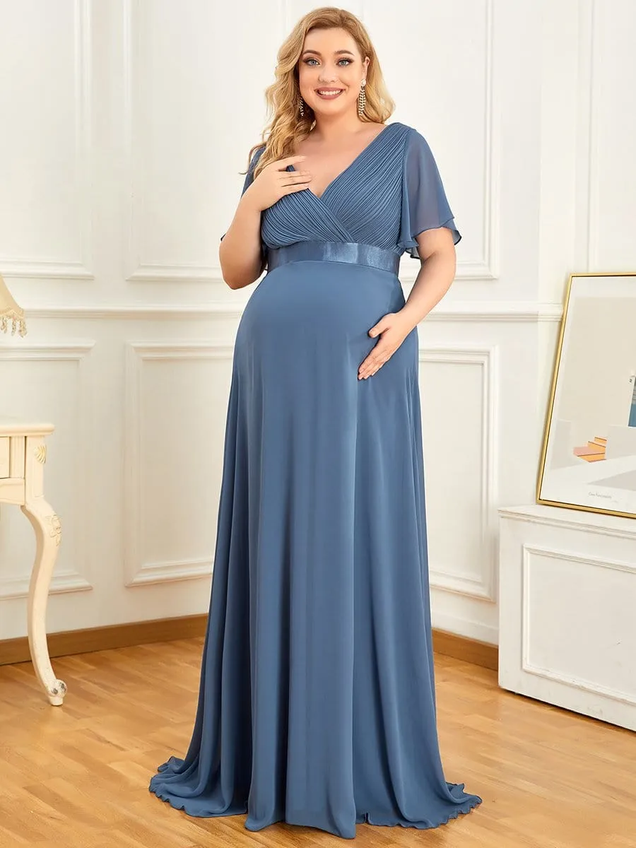 Ruched Bodice Flowy Chiffon Floor-Length Bump Friendly Dress with Sleeves