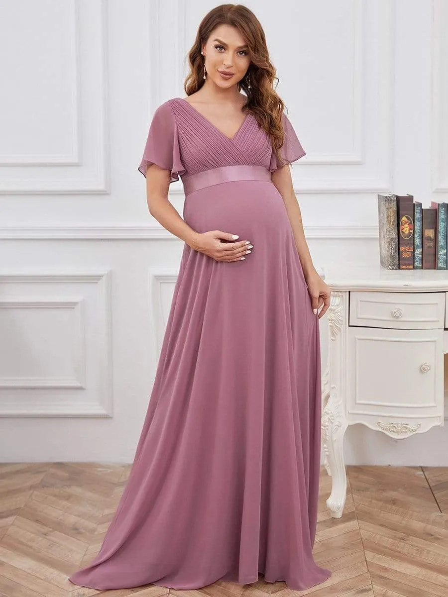 Ruched Bodice Flowy Chiffon Floor-Length Bump Friendly Dress with Sleeves