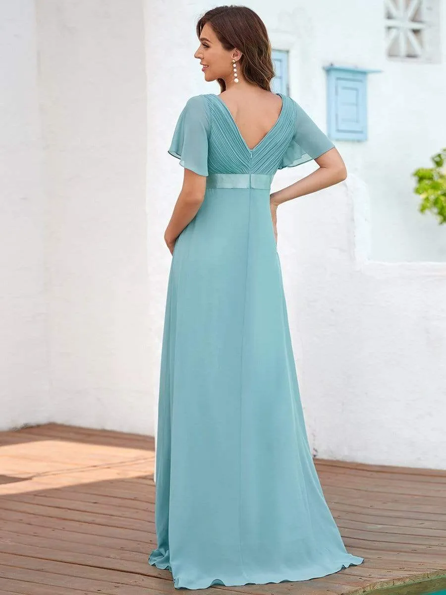 Ruched Bodice Flowy Chiffon Floor-Length Bump Friendly Dress with Sleeves