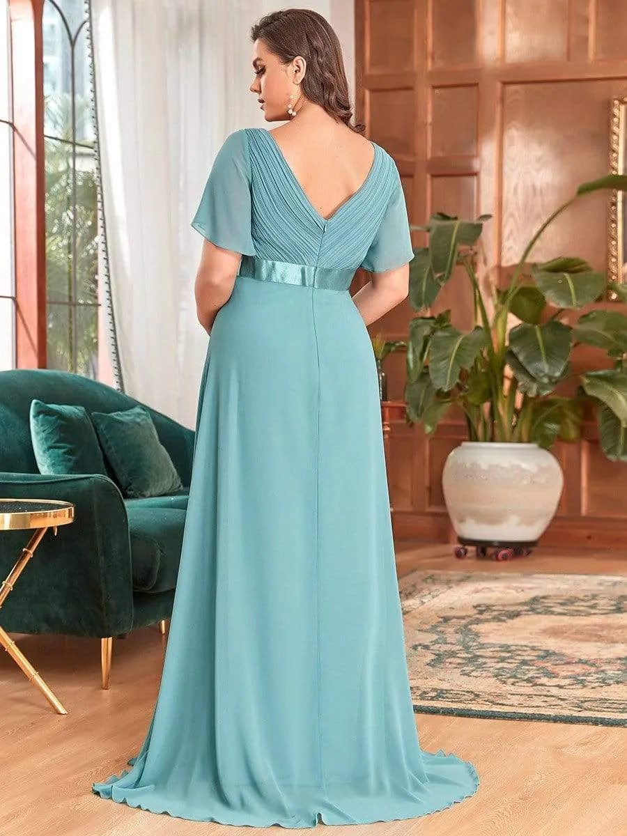 Ruched Bodice Flowy Chiffon Floor-Length Bump Friendly Dress with Sleeves