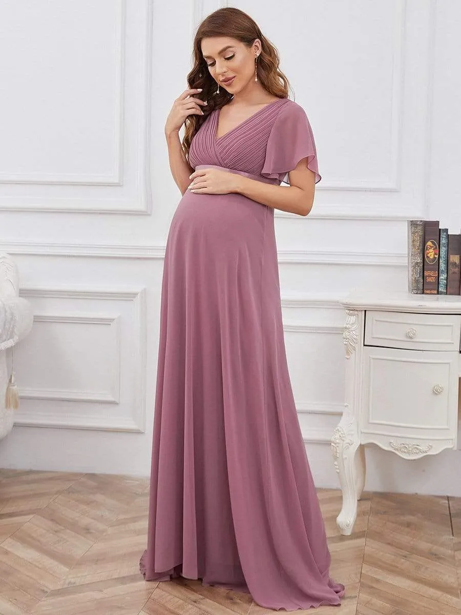 Ruched Bodice Flowy Chiffon Floor-Length Bump Friendly Dress with Sleeves