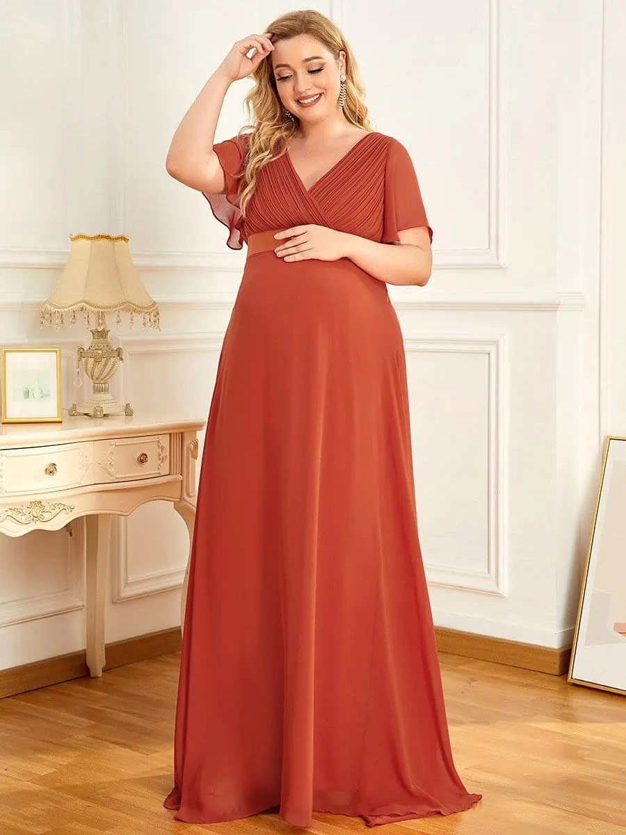 Ruched Bodice Flowy Chiffon Floor-Length Bump Friendly Dress with Sleeves