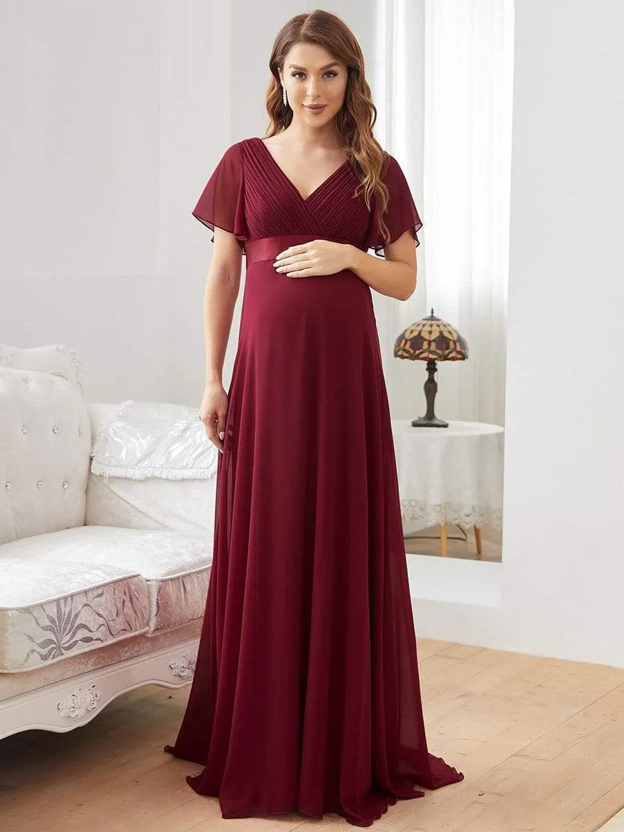 Ruched Bodice Flowy Chiffon Floor-Length Bump Friendly Dress with Sleeves