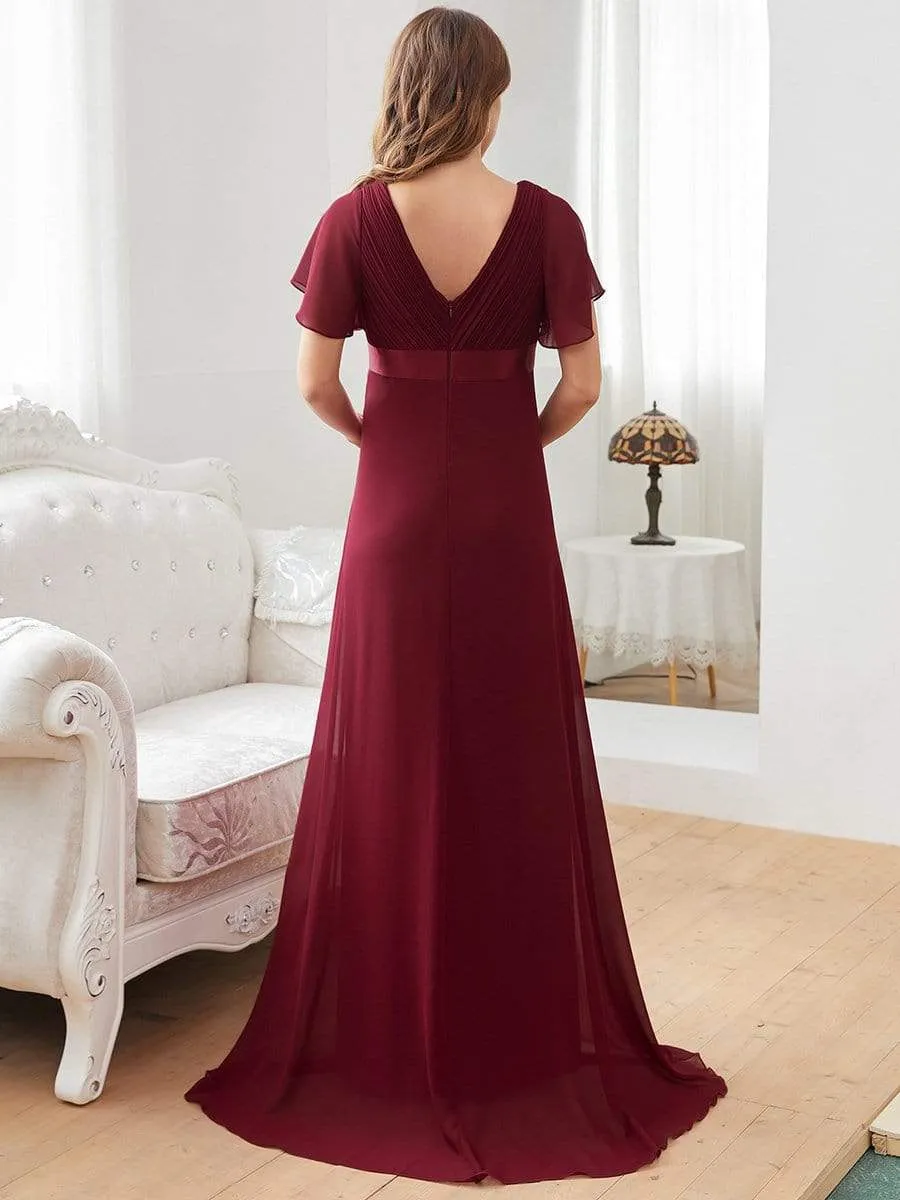 Ruched Bodice Flowy Chiffon Floor-Length Bump Friendly Dress with Sleeves