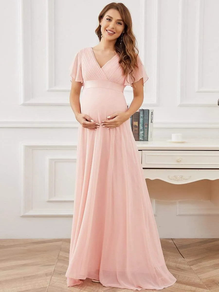 Ruched Bodice Flowy Chiffon Floor-Length Bump Friendly Dress with Sleeves