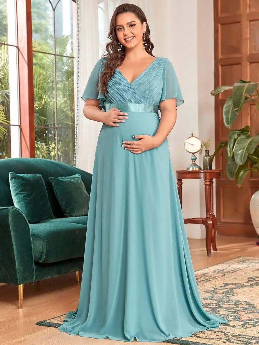 Ruched Bodice Flowy Chiffon Floor-Length Bump Friendly Dress with Sleeves