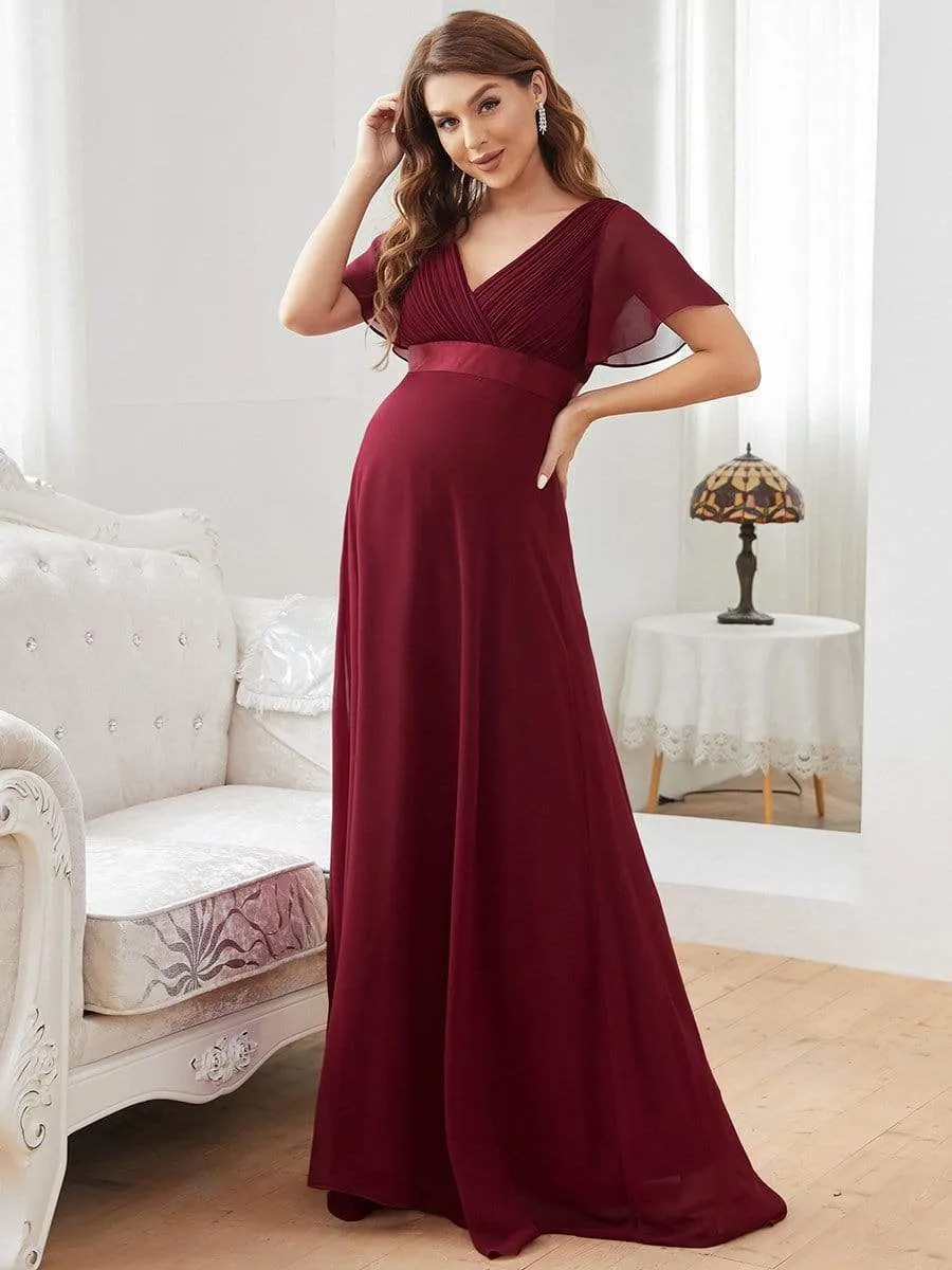 Ruched Bodice Flowy Chiffon Floor-Length Bump Friendly Dress with Sleeves