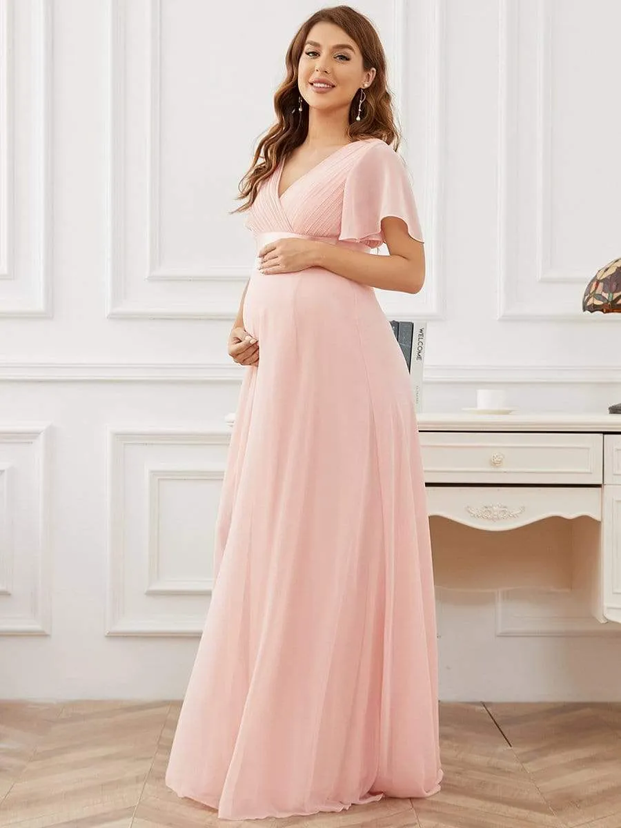 Ruched Bodice Flowy Chiffon Floor-Length Bump Friendly Dress with Sleeves